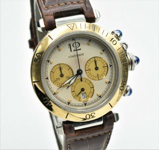 Cartier Pasha 1032 18k Yellow Gold Bezel Chronograph Quartz Vintage Mens Watch