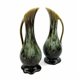 Vtg Usa Art Pottery 2 Green Brown Drip Glaze Pitcher Vase Ewer Mid Century