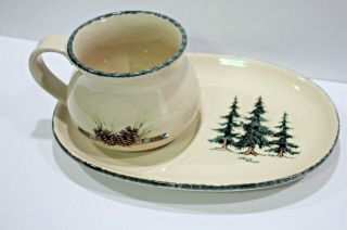 Home And Garden Party Stoneware Mug Plate Set Pinecones Trees Northwoods