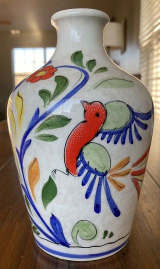 Vintage Italian Ceramic Pottery Vase Colorful Red Bird Motif 7”