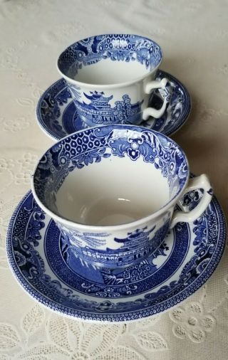 Vtg 2 Burleighware England Tea Coffee Cups And Saucers Willow Blue White China