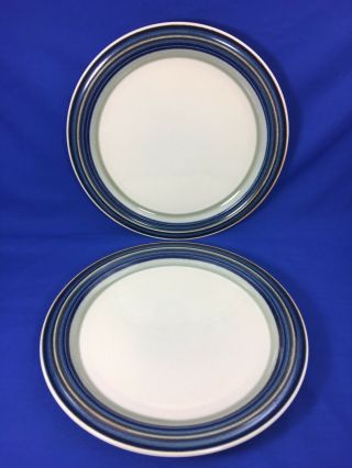 ACSONS Japan NORWICK Stoneware DINNER PLATES Blue & Brown Bands SET OF 2 2