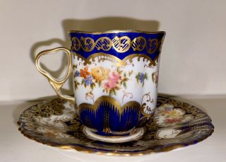 Antique Crown Staffordshire England Bone China Demitasse Cup And Saucer Cobalt