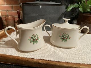 Lenox Special Holiday China Sugar Bowl With Lid & Creamer Holly Made In The Usa