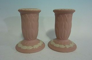 Vintage Wedgwood England Pink & White Jasperware Candle Holder Pair