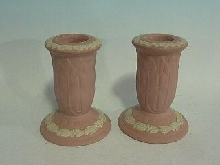 Vintage WEDGWOOD England Pink & White jasperware Candle Holder PAIR 2