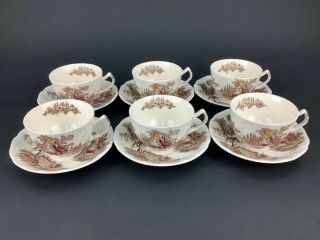 Johnson Brothers The Old Mill Multi - Color Brown Six (6) Cups And Saucers