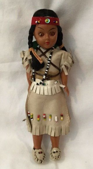 Vintage Native American Doll Squaw Eyes Open Close Leather Beads W/ Papoose