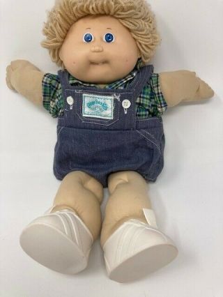 1983 Cabbage Patch Kid Boy With Overalls Light Brown Hair Plaid Shirt