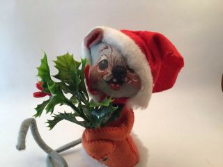 Vintage 1965 Annalee Doll Christmas Mouse 6 " With Plastic Holly Red Santa Hat