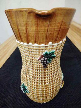 Vintage Italian ceramic pitcher with basket weave/grape medallion relief. 2