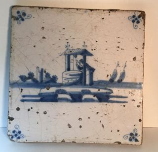 Antique Blue & White Dutch Delft Tile Lady@well/ships/hand Painted 18th Century.