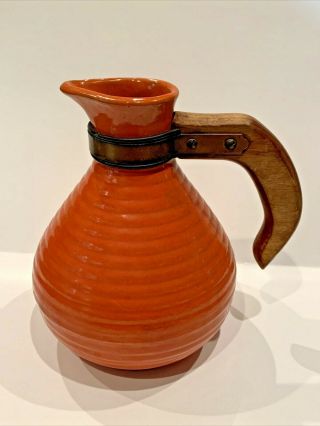 Vintage Orange Bauer Ringware Ring Ware Pottery Carafe Pitcher Wood Handle