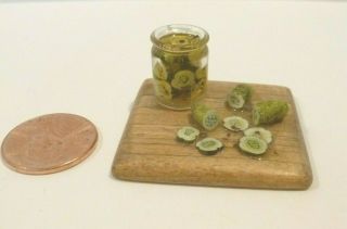 Dollhouse Miniature Pickles On Cutting Board With Jar Signed Jp