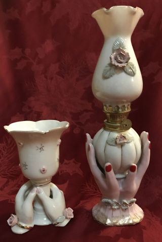 Vintage Japan Ceramic Hands Holding Vase & Oil Lamp