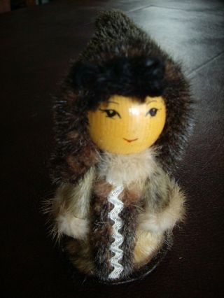 Alaskan Handmade Eskimo Doll,  Wood Face Seal Fur Coat
