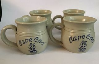 Williamsburg Pottery Stoneware Cape Cod Tall Ships Set Of 4 Coffee Tea Mug Cups