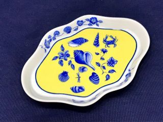 5 1/2 " Lynn Chase Blue Yellow On White Costa Azzurra Sea Life Theme Trinket Dish