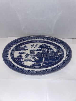 Vintage Johnson Brothers Willow Blue 14” Oval Serving Platter Blue And White Lg