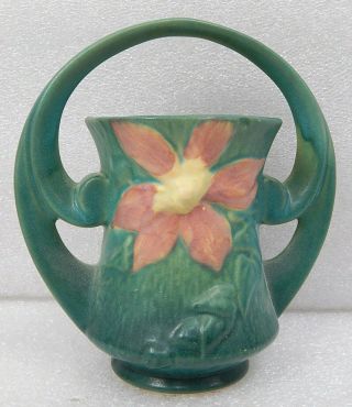 Vintage Roseville Pottery Pink Green Clematis Jardiniere Handled Vase