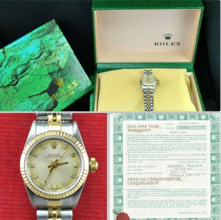 Rolex Ladies Diamond Dial Oyster Perpetual 18kt Gold Watch Box & Papers