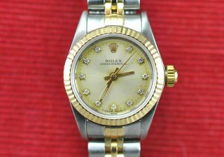 ROLEX LADIES DIAMOND DIAL OYSTER PERPETUAL 18KT GOLD WATCH BOX & PAPERS 2