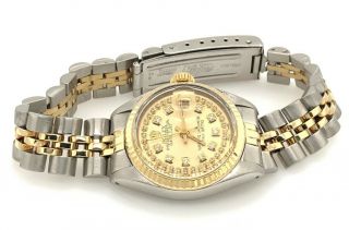 Rolex Ladies Champagne Diamond Dial Oyster Perpetual Date 18kt Gold Watch Papers