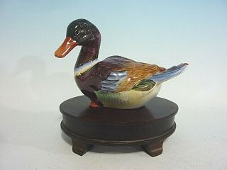 Vintage Herend Hungary Hand Painted Mallard Duck Figurine,  Wooden Stand