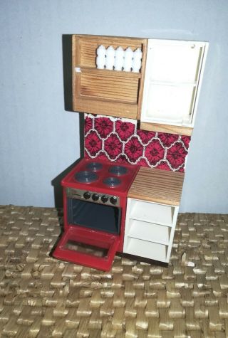 Vintage Swedish Lundby Dollhouse Furniture Kitchen Cabinet With Stove & Drawers