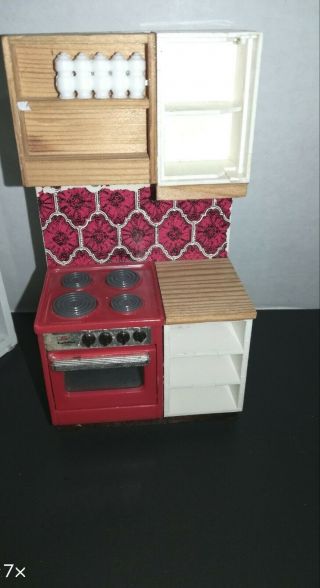Vintage Swedish Lundby Dollhouse Furniture Kitchen Cabinet With Stove & Drawers 2