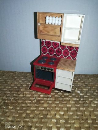 Vintage Swedish Lundby Dollhouse Furniture Kitchen Cabinet With Stove & Drawers 3