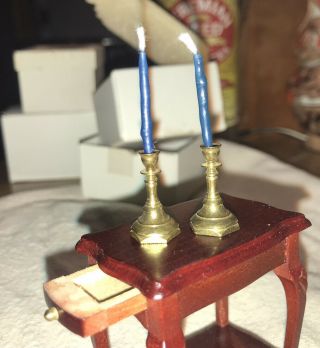 Vintage Dollhouse Furniture.  Wood Side Table And Brass Candle Sticks