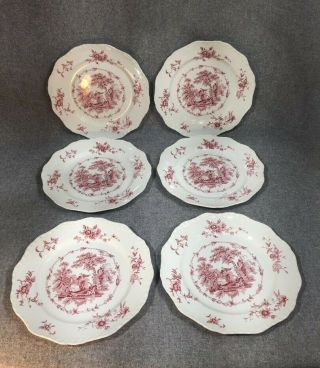 6 Vtg Mason’s Watteau Pink Transfer Ware 10 3/4” Dinner Plates Ironstone