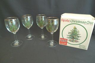 Vintage Spode Christmas Tree Holiday Set Of (4) All Purpose Wine Glasses W/ Box