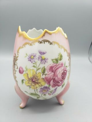 Limoges France Porcelain Pink Floral Hand Painted Three Footed Egg Vase Vintage