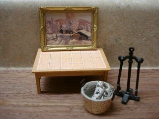 Vintage Lundby Dollhouse Miniature Coffee Table,  Picture,  Fireplace Accessories