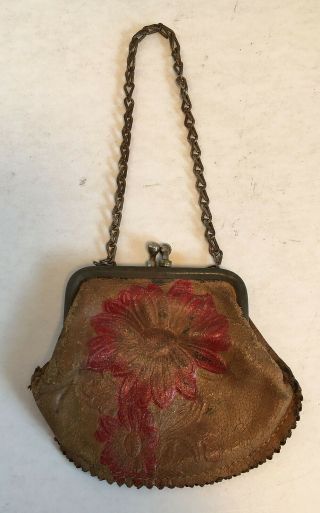 Antique Vintage Doll Purse Bag With Embossed Colored Flowers & Chain