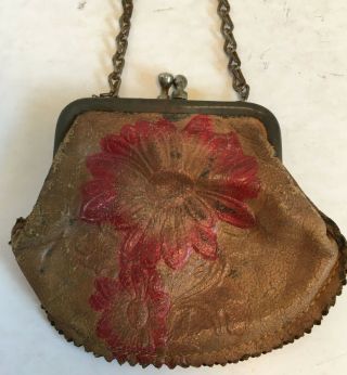 antique vintage Doll Purse Bag with Embossed Colored Flowers & Chain 2