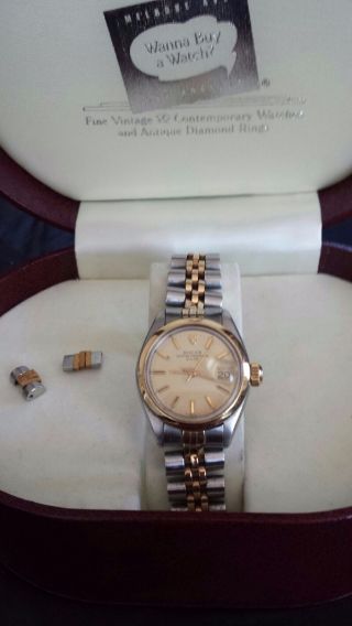 Rolex Ladies Oyster Perpetual Date Watch Twotone Stainless Steel 14k Gold Band