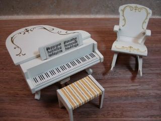 Vintage Lundby Dollhouse Miniature White Piano,  Bench And Rocking Chair