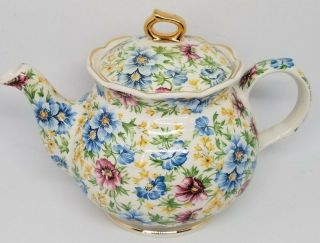Windsor Chelsea Chintz Spring Blue Teapot Made In England Vintage