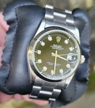Mens Rolex Oyster Perpetual Datejust Black Dial Diamond Accent 36mm Wrist Watch