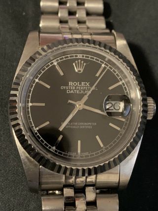 Rolex Oyster Perpetual Datejust Men Stainless Steel Watch Vintage Black 1603