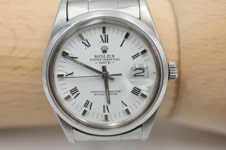 Rolex Oyster Perpetual Date Watch Ref 15000 34mm Steel Quickset White Roman Dial