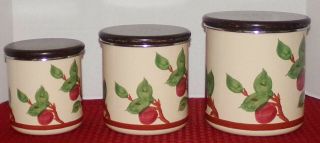 Franciscan Apple Set of 3 Metal Enamel Canisters with Brown Wood Lids 2