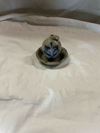 Rowe Pottery Salt Glazed Miniature Jug Crock Floral Design & Plate W/heart 1988