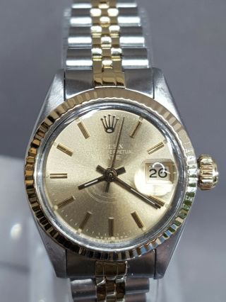 Vintage Ladies Rolex Oyster Perpetual Date 18k & Stainless 2 - Tone Watch