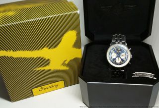 Vintage Breitling Navitimer A30021 Blue Dial Chronograph Mens Wrist Watch W Box