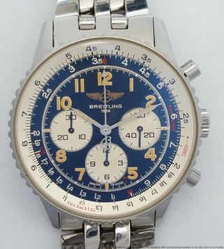 Vintage Breitling Navitimer A30021 Blue Dial Chronograph Mens Wrist Watch w Box 3