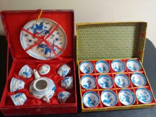 Vintage Chinese Dragon & Phoenix Blue Tea Bowl Set - Never Been